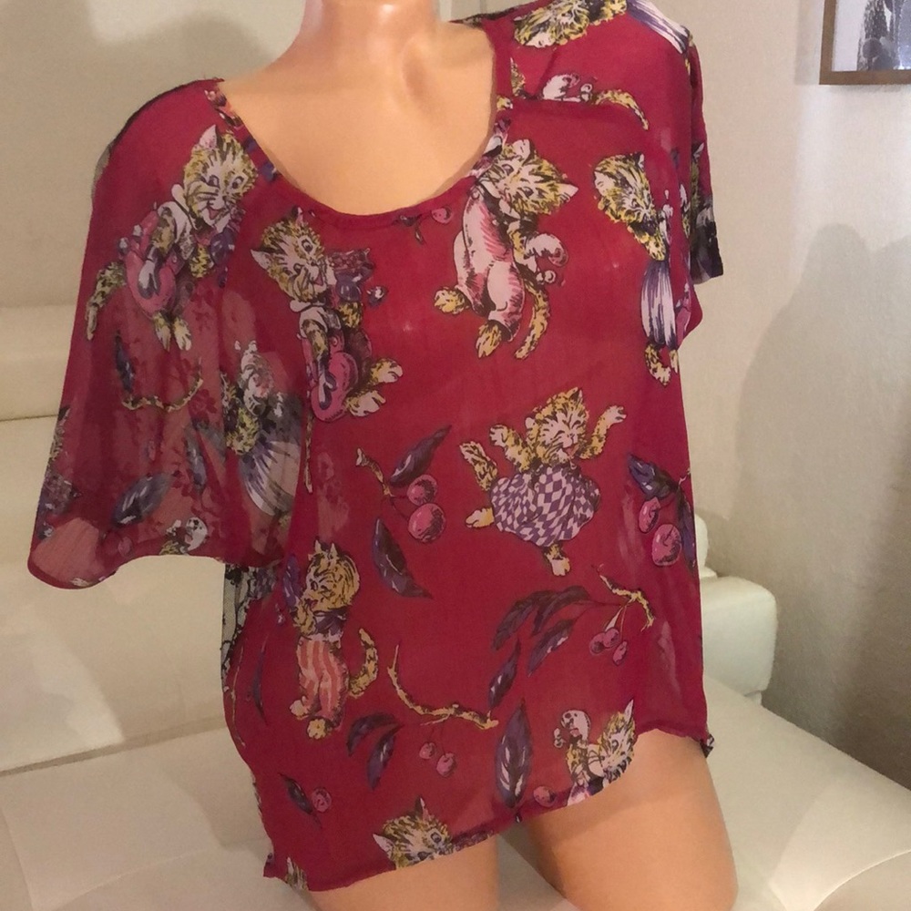Betsey Johnson kitty cat vintage blouse top lace